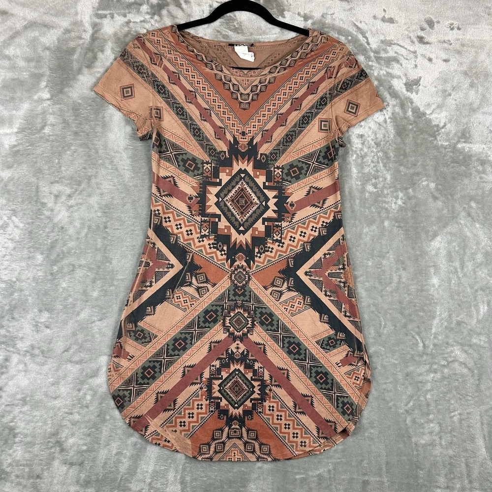 Cleo Tunic Top Women's M Beige Tan Green Southwestern Aztec Tribal Print